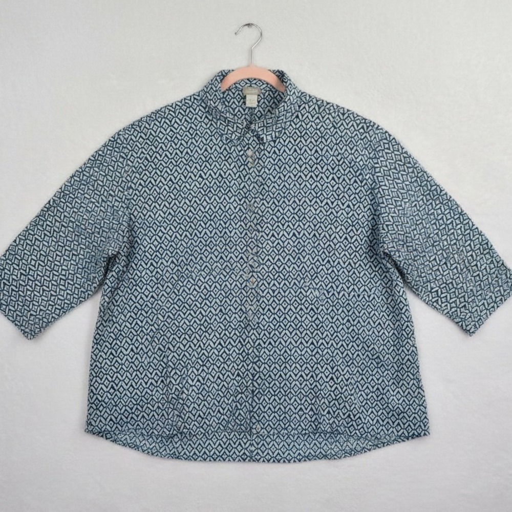 Chico's Button Up Top Women 12 Chicos 2  Blue Black Geometric Pattern 3/4 Sleeve